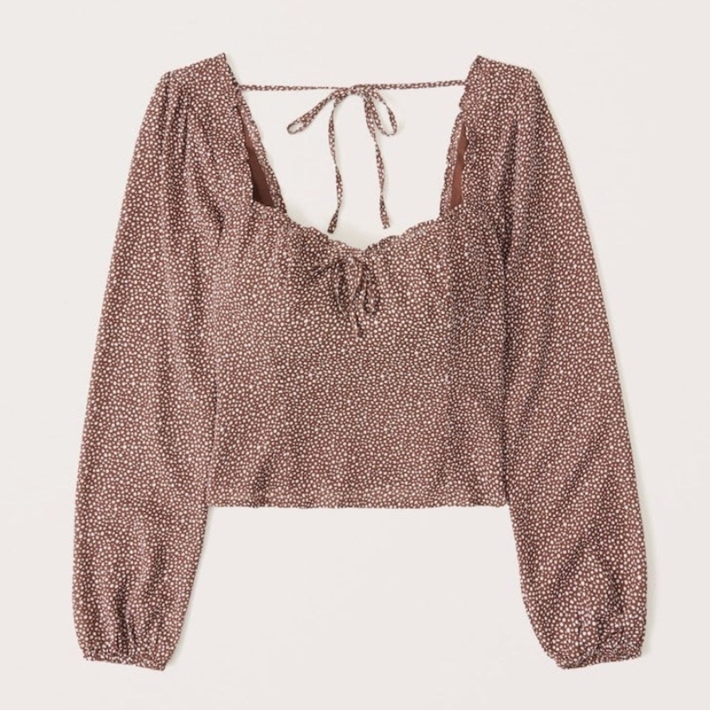 Abercrombie and Fitch Brown and White Polka Dot Smocked Sweetheart Blouse